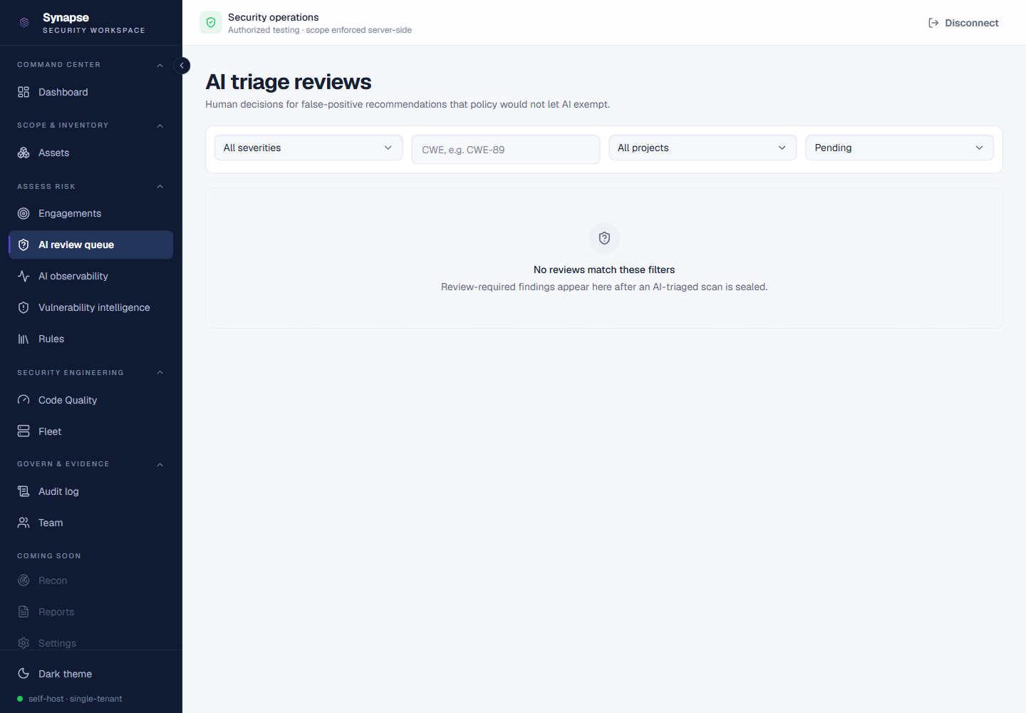 AI triage human-review queue with severity, CWE, project, and state filters