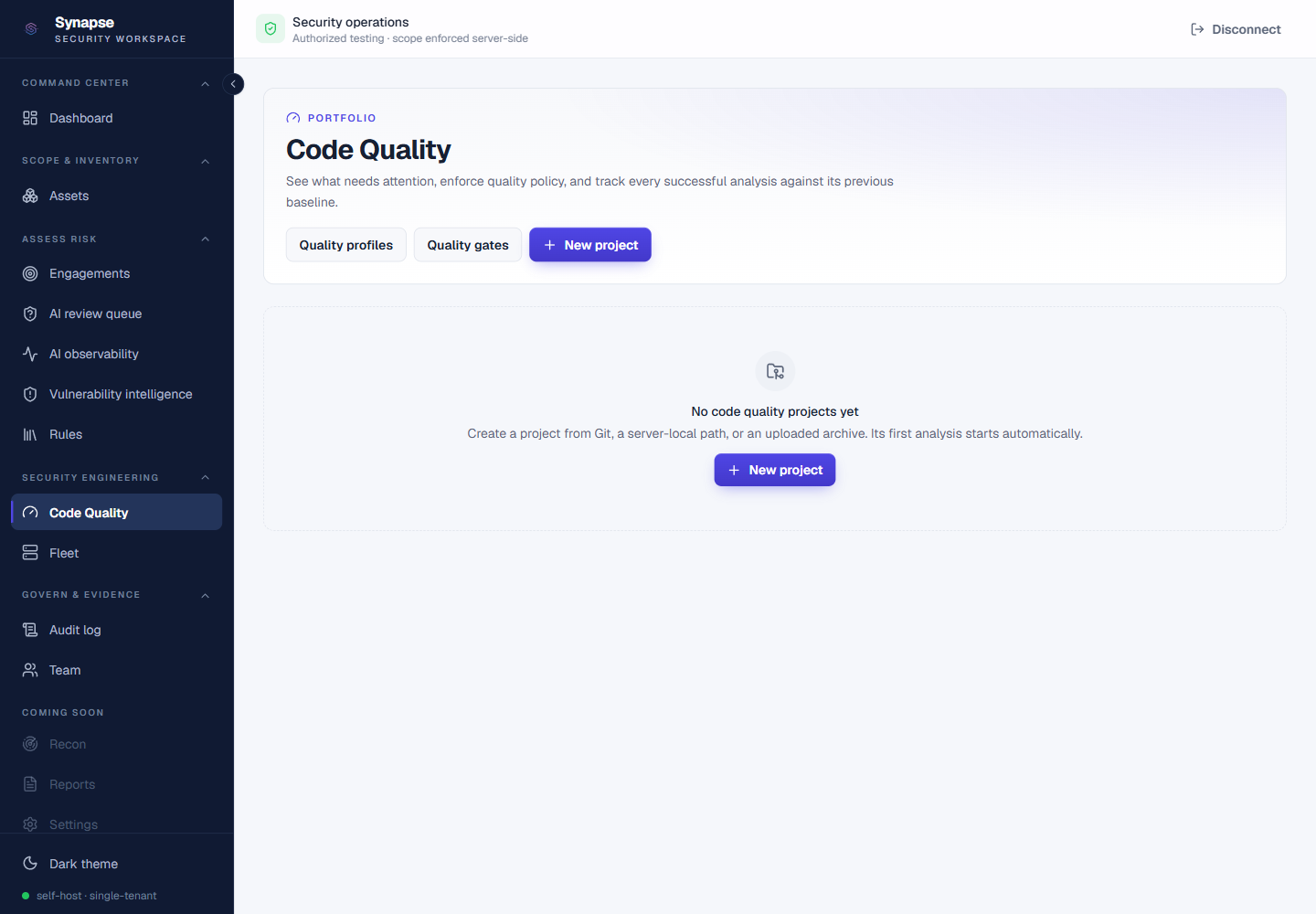 Code Quality project portfolio showing the empty state and project creation action